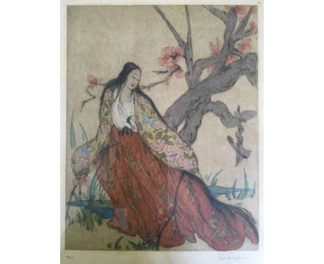 ELYSE ASHE LORD. Framed, signed in pencil limited edition 60/100 etching, titled ‘Red Plum Blossom’, female seated by tree, 4
