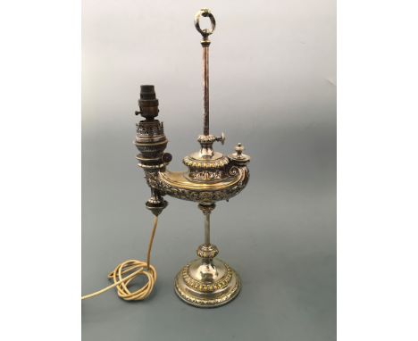 A silver plate decorative lamp base with adjustable height, height 54cm.