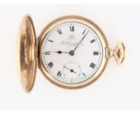 A gold plated Thomas Russell full hunter crown wind pocket watch, the white enamel dial having hourly Roman numerals with sub