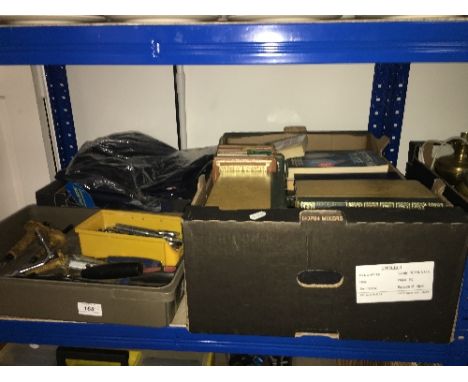 BOX OF BOOKS , TRAY OF TOOLS , WORK CLOTHES SIZE 32 W