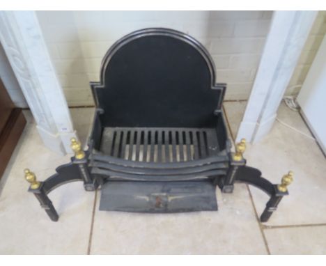 A cast iron fire grate with back and brass finials - 60cm Tall - 80cm wide - 28cm Deep 