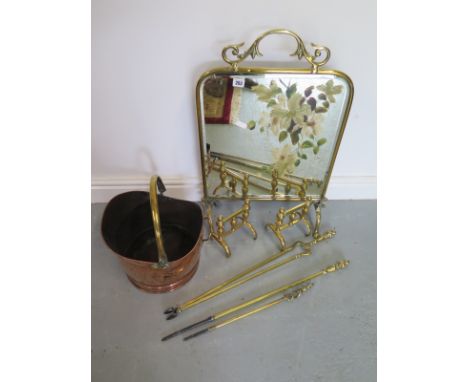 A brass mirror fire screen, copper bucket, dog and irons 