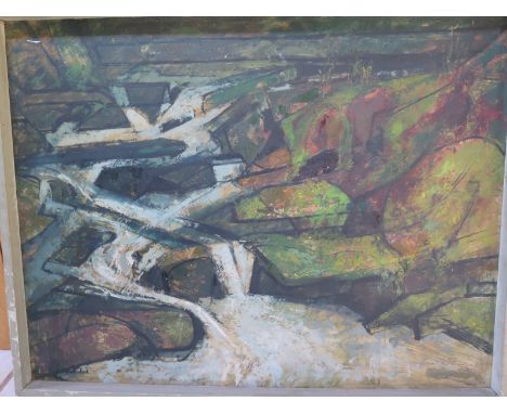 In the manner of Graham Sutherland, an abstract landscape with stream, signed Sutherland lower left, oil on board, sight size