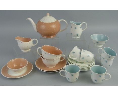 A Susie Cooper bone china coffee set, in the "Whispering Grass" pattern, comprising six cups and saucers, cream jug and sugar