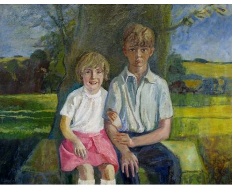 P Lambert (20th Century), portrait of a boy and girl seated by a tree trunk in a landscape, signed oil, 70cm x 90cm, gilt fra