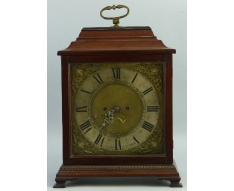 A bracket clock, in the 18th Century style with brass double fusee eight day movement striking on a bell, the brass square di