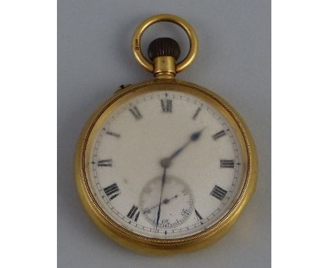 A pocket watch, the top wind movement with circular white enamel dial having Roman numerals and subsidiary seconds dial in mo