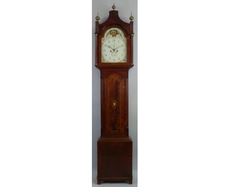 A late 18th Century longcase clock, the eight day movement with painted arched dial inscribed "Thos Husband, Hull", having ro