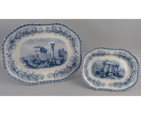 A Victorian graduated pair of Copeland Late Spode meat plates, each of shaped octagonal form transfer printed in blue and whi
