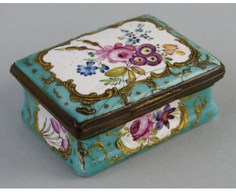 A 19th Century enamel snuff box, of oblong form with concave sides, gilt metal mounts and domed hinged lid painted with panel