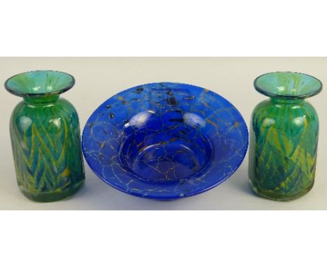 A near pair of Mdina vases, each of hexagonal form with trumpet rim, the clear glass bodies with yellow, blue and green veins