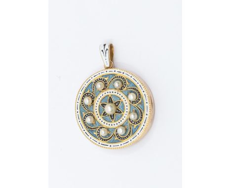 An early 20th century Continental yellow gold enamel and pearl locket, comprising a circular form decorated with blue guilloc