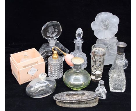 An Art Deco style frosted scent bottle in the manner of Lalique, an Art Deco enamel tipped scent bottle, plus various others 