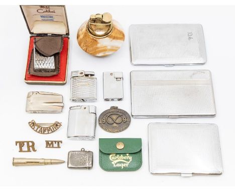 A silver vesta case, size 40 x 25mm, along with three white metal cigarette cases, five small chrome plated lighters inc Rons