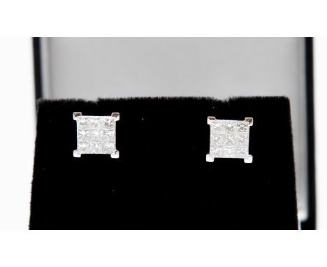  A pair of diamond and 18ct white gold earrings, comprising square invisible set princess cut diamonds, weighing a total appr