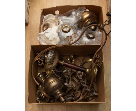 Six Victorian brass ceiling hanging oil lamps, plus another oil lamp etc. (2 boxes)