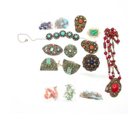 A collection of vintage costume  jewellery to include glass bead necklaces and brooches along with paste set clips in white a