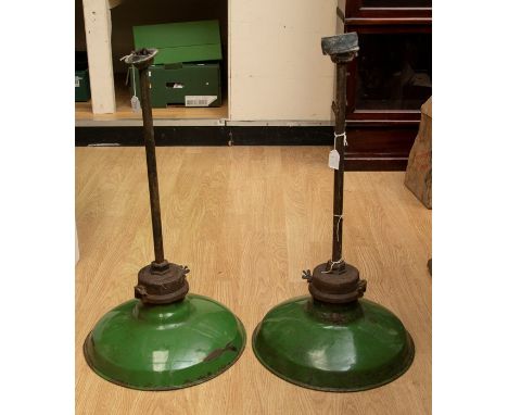 A pair of Wardle Manchester green enamel ceiling lights, out of an old railway station.&nbsp;
