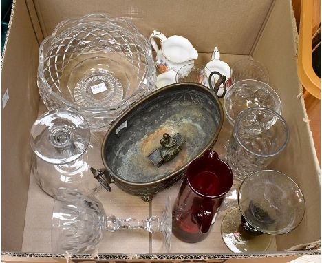 A collection of cut glass, ruby glass, with brass ball and claw footed bowl