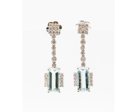 A pair of Art Deco style aquamarine and diamond 18ct white gold earrings, comprising square diamond set tops, set with small 