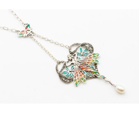 A silver and plique a jour necklace in the form of a fairy, the wings with green, yellow and red enamel details, open work de