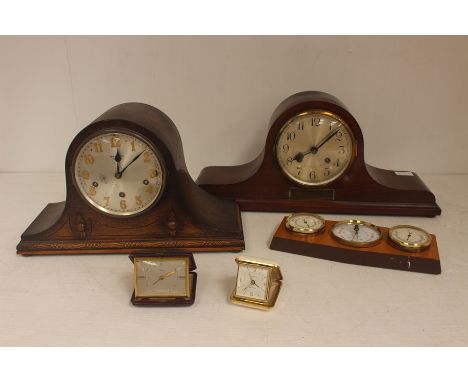 Two mid 20th Century mantle clocks, modern barometer and two travel clocks