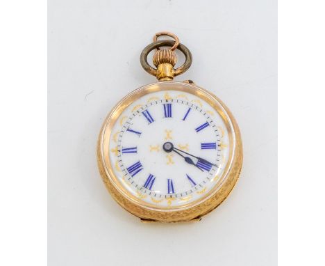 A Continental 18K gold, ladies open faced pocket watch, white enamel dial with blue Roman numerals and gilt decoration, dial 