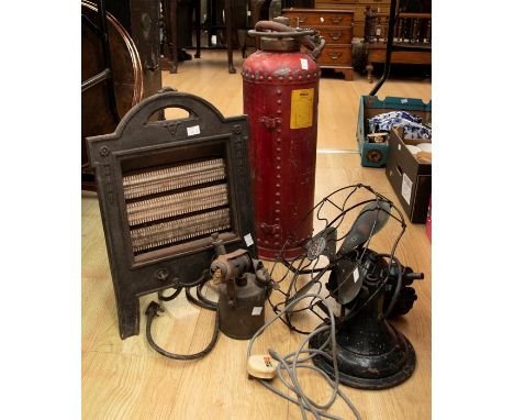 A 1930/40's metal GEC electric desk fan, 1930's electric heater, mid 20th Century red fire extinguisher and vintage blow lamp