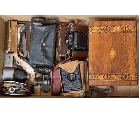 A collector's lot to include: Vintage box cameras; Victorian inlaid travelling box (interior lacking); two Opera glasses (one
