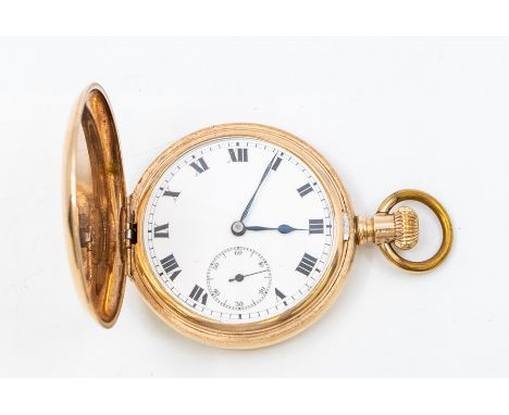 A 10ct gold plated Hunter Pocket Watch, white enamel dial with Roman numerals and subsidiary dial at 3 o'clock, approx 40mm, 