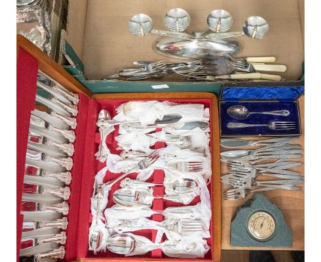 Collection of flat ware, silver plate canteen of cutlery, Victorian spoon and fork in case, candle display.