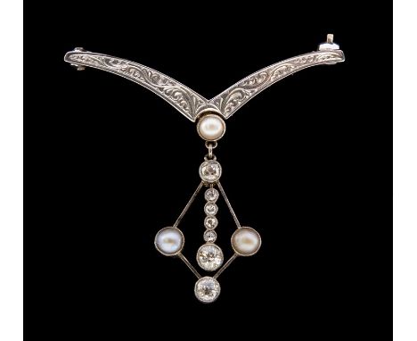 An Edwardian diamond and pearl set platinum and gold brooch, comprising an engraved wish bone shaped bar top engraved with sc