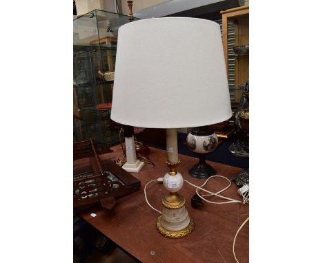 White marble and gilt lamp, mid to late 20th century with shade.