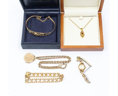 A collection of gold items to include a&nbsp;yellow metal&nbsp;fancy link bracelet, length approx. 17cm, weight approx. 9gms,