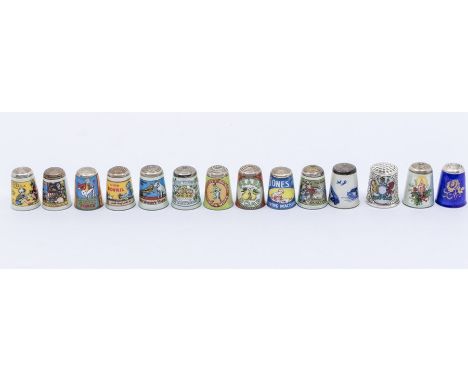 Silver thimbles - fourteen silver and enamel thimbles, various makers, dates and designs, including Bovril, Pears Soap, Ovalt