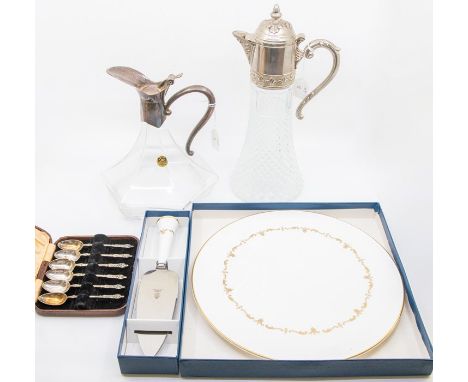 A Royal Worcester cake plate and cake slice, boxed; two ewers; a cased set of EPNs teaspoons (5)