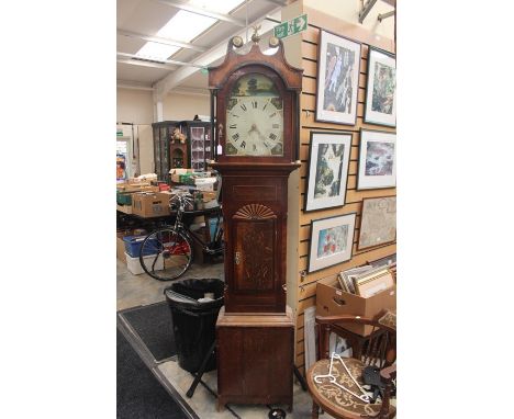An early 19th Century oak and mahogany 30 hour longcase clock, swan neck pediment to hood, white enamelled dial with painted 