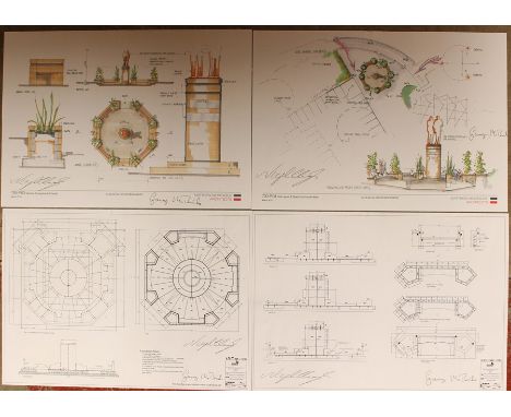 A collection of assorted architectural prints of the Clough and Taylor monument, each signed by Nigel Clough and Garry McBrid