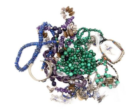 A&nbsp;collection of semi precious bead jewellery to include malachite graduated bead necklaces and pendant and ring set in w