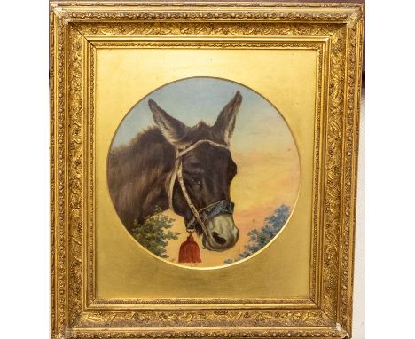 Continental School (19th Century), circular portrait of a donkey, oil on board, unsigned, approx 24cm diameter, gilt frame
