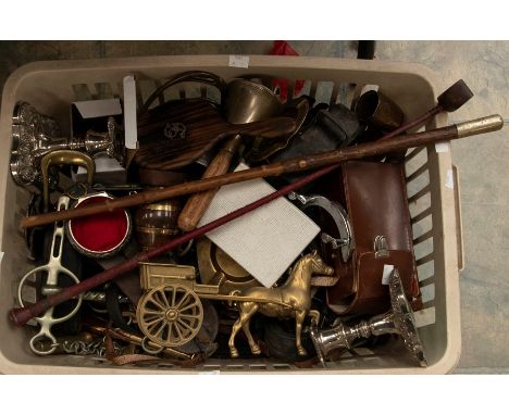 A collection of horse brasses (swingers) loose and mounted on leather martingale straps together with brass hunting horn, var