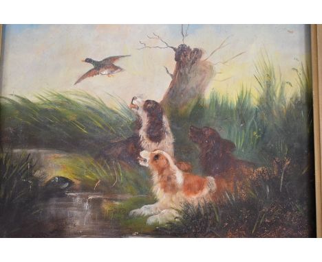 George Earl, British School, (1824-1908) mid 19th century oil on board of Spaniels hunting ducks, possibly a preliminary work