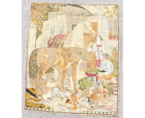 A mid 19th century tapestry, farm scene, 'Feeding the Horses', has been professionally cleaned, 44" x 54" approx.