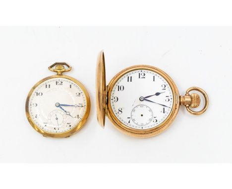 An Art Deco gold plated open faced pocket watch, silvered dial with number markers, subsidiary and blue steel hands, diameter