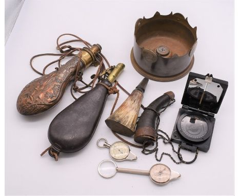 A copper powder flask, leather powder flask, horn, trench art etc&nbsp;