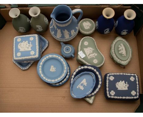 Collection of Wedgwood Jasper wares, light blue, green and navy, mostly 1970s and 1980s.