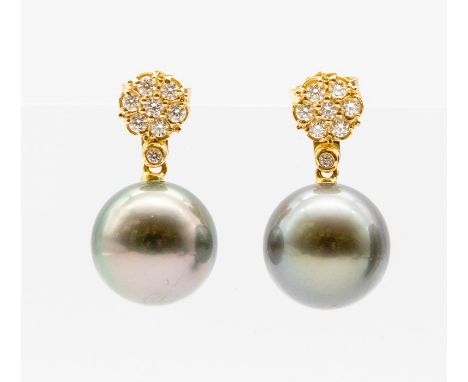 A pair of two way Tahitian black pearl and diamond 18ct yellow gold prop earrings, the round tops grain set with round brilli