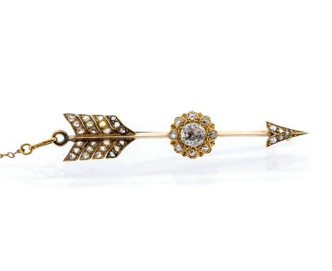 A late Victorian diamond set arrow brooch, the claw set central old European diamond weighing approx 0.70ct within a border o