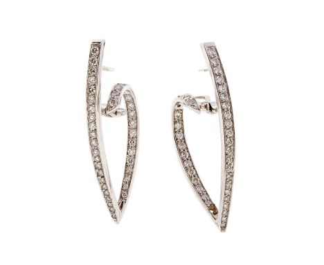 A pair of diamond set line earrings, tapered 'V' form with a reverse scroll  grain set throughout with round brilliant cut di