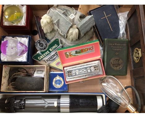 A collector's lot to include: vintage penknifes, spectacle frames, modern binoculars, glass egg shaped paperweights, oak boxe